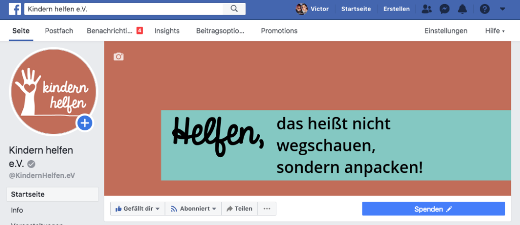 Beispiel großer Plus Button auf der Facebook Seite vom Verein Kindern Helfen e.V.