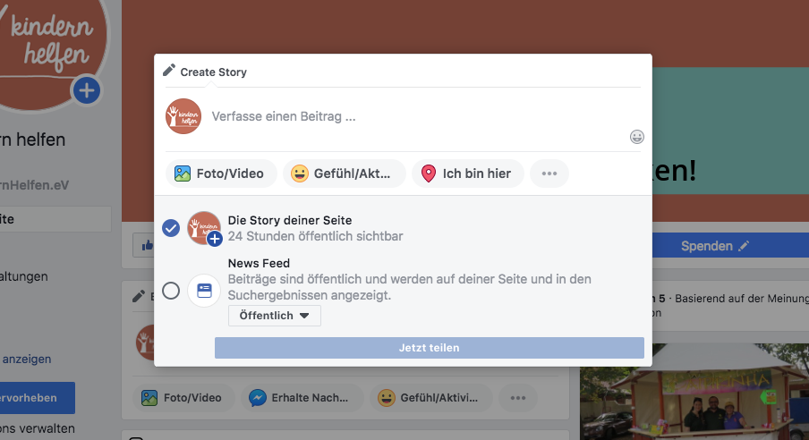 Screenshot der Maske für die Erstellung von Posts auf der Facebook Seite des Vereins Kindern Helfen e.V.
